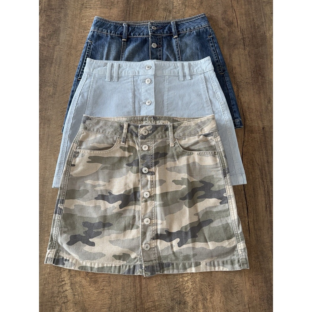 American Eagle Women's Button Skirt Lot of 3‎ Jean, Corduroy, Camo Size 6 US